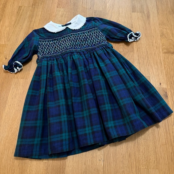 Polly Flinders Other - Polly Flinders 3T Blue Green Tartan Plaid Long Sleeve Dress Hand Smocked